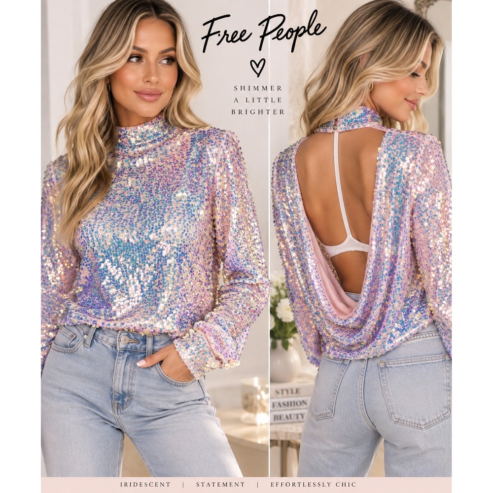 Free People Iridescent Sequin Mock Neck Open Back Top Pink Blue Long Sleeve